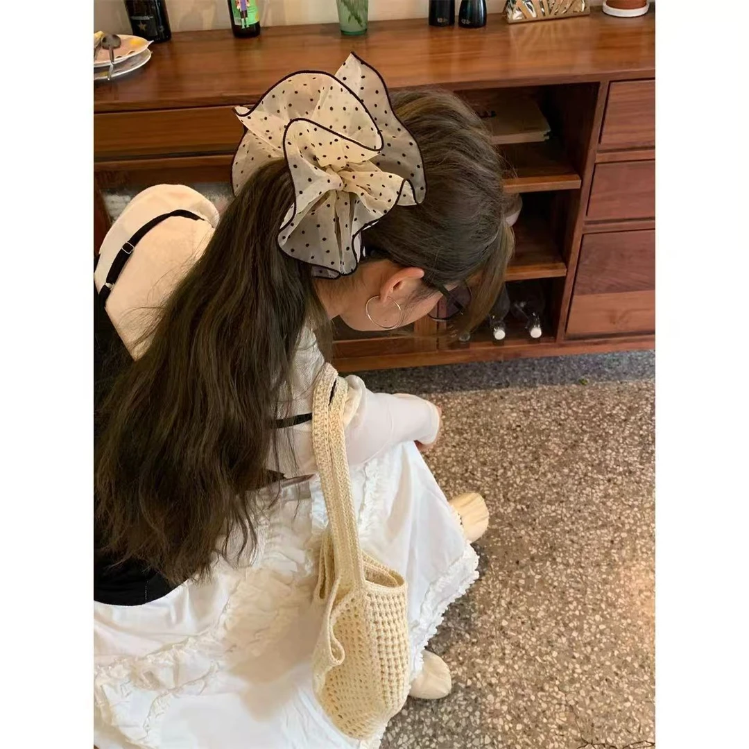 高弹力波点网纱发圈气质女生扎高马尾皮筋