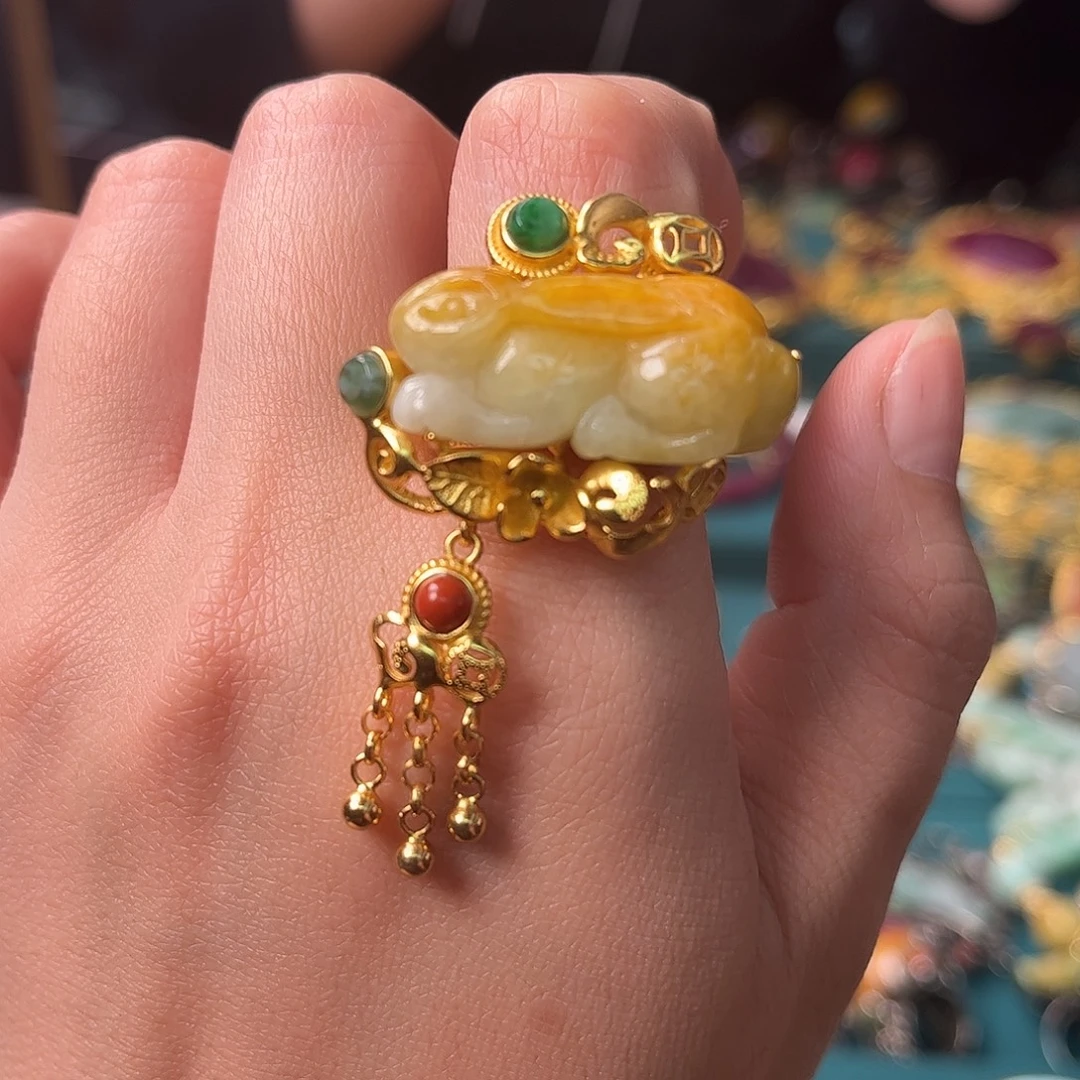 翡翠银S925镀金镶嵌戒指