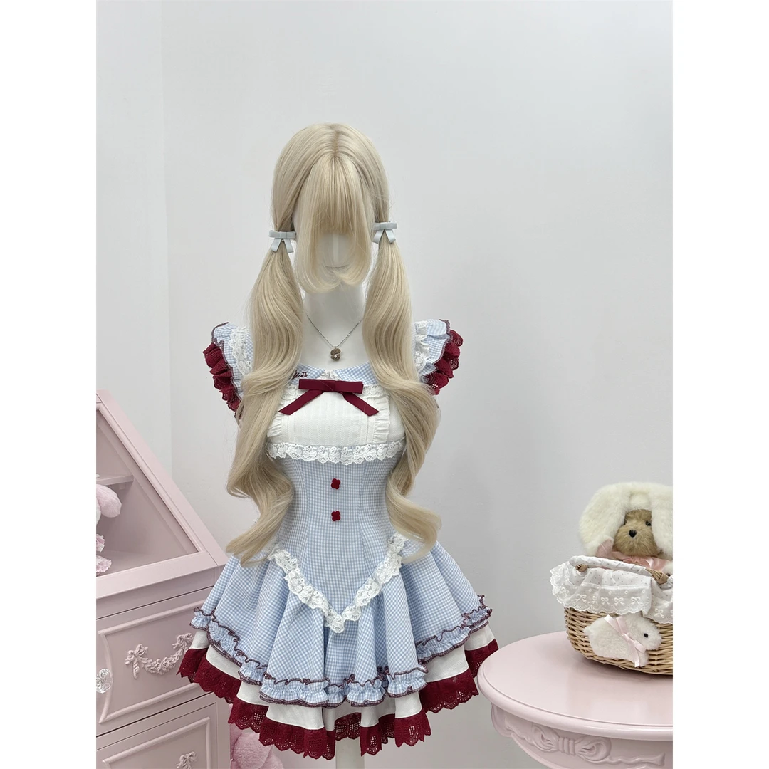 甜品系樱桃丸子 蓝色格纹连衣裙送别针蝴蝶结+白色泡泡短裤甜美