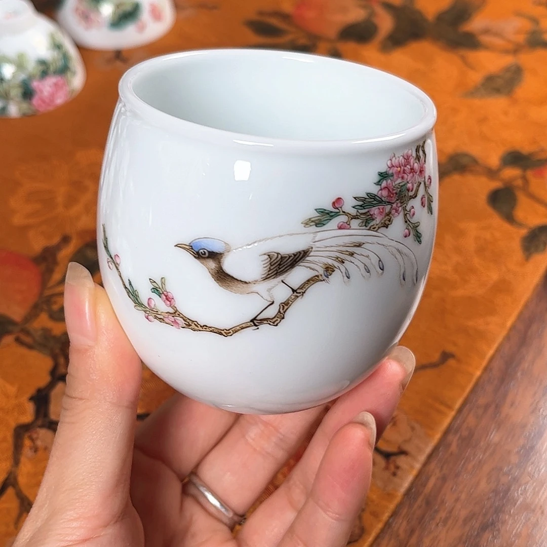 陶瓷景德镇白泽手绘粉彩工笔花鸟玉泥主人杯180ml