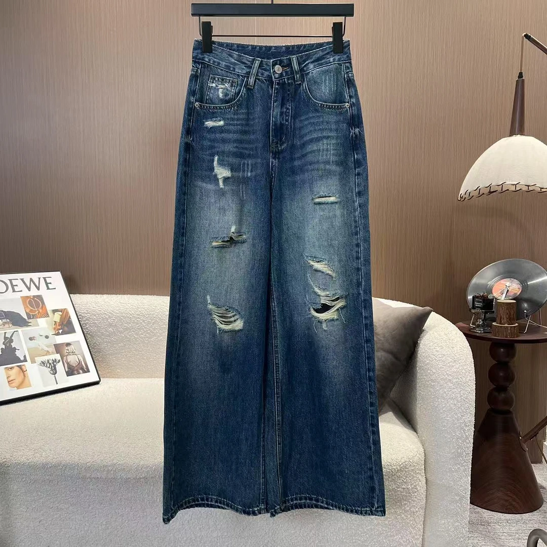 年中孤品~【艺术格调】美式复古水洗破洞高腰直筒阔腿牛仔裤77073