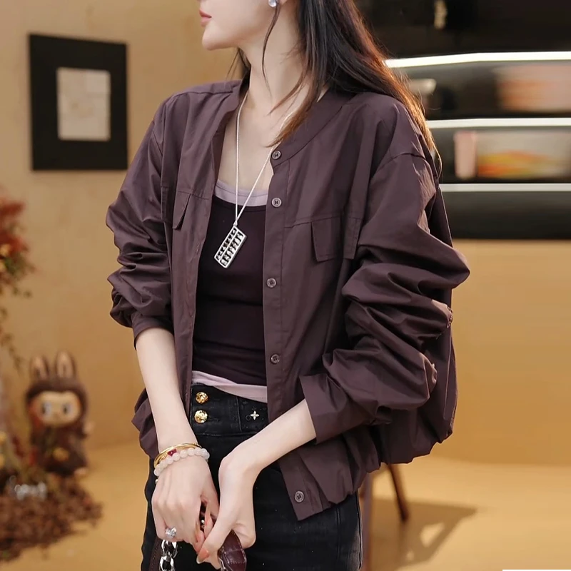 2025秋季新款小众洋气显瘦衣服女韩版百搭宽松设计感休闲纯色外套