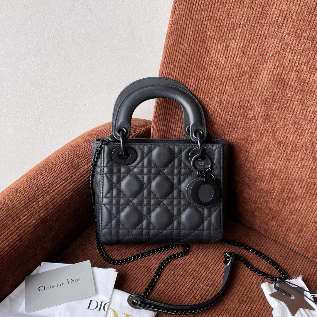 99新 DIOR/迪奥 磨砂黑戴妃三格尘袋中检公价39800 JM12-2565