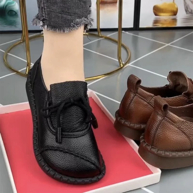 新品圆头平底妈妈鞋秋季新款复古系带时尚百搭豆豆鞋软底软面单鞋