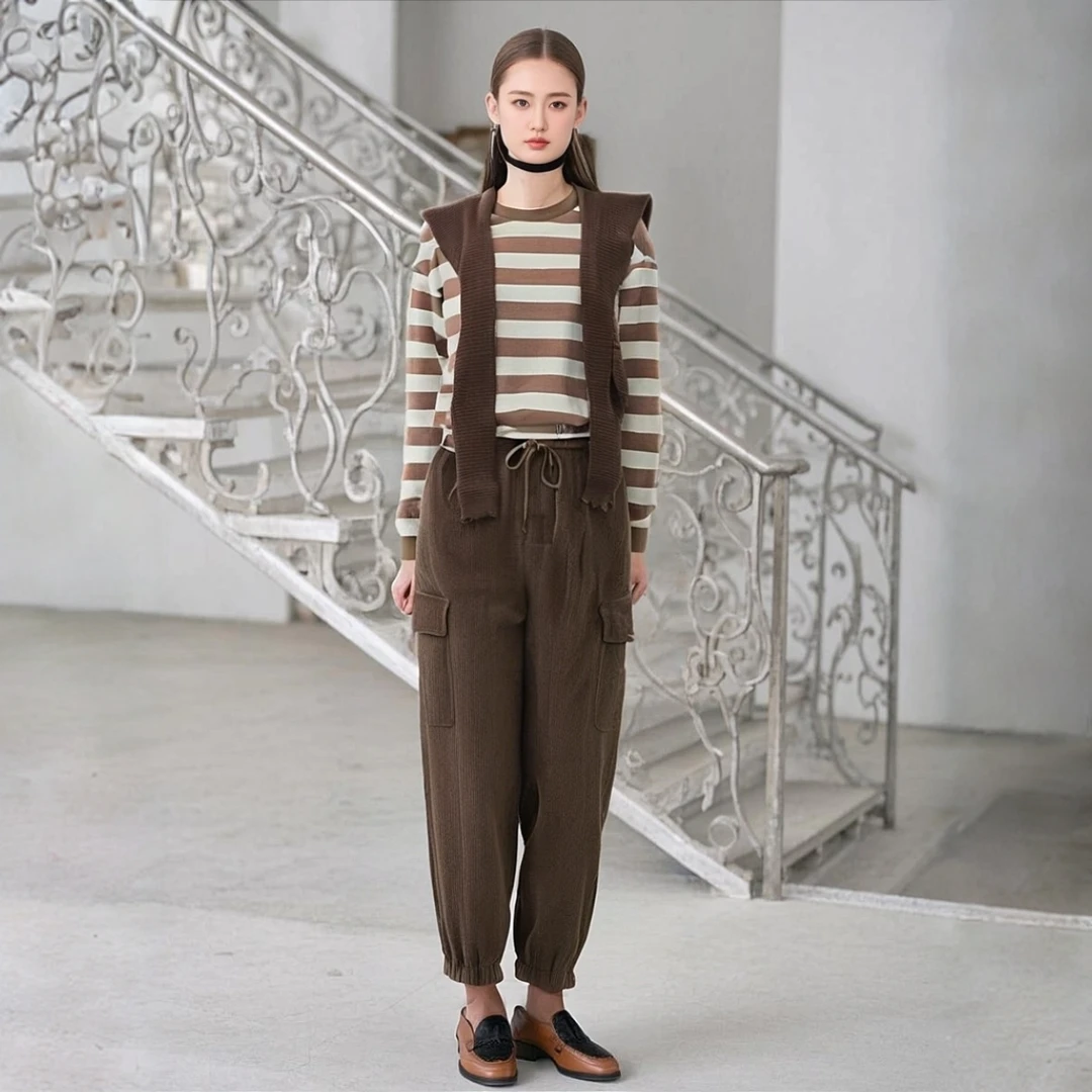 春秋时尚百搭休闲宽松运动套装咖色兰色女装套装三件套