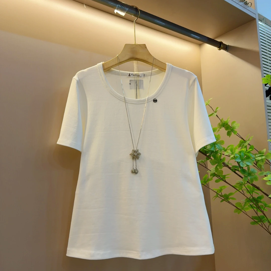 时尚新款圆领简约显瘦纯色休闲百搭短袖上衣（长59左右）