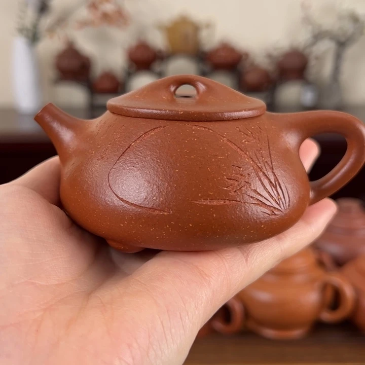 紫砂茶壶红降坡刻绘景舟石瓢壶120Cc
