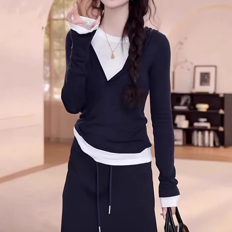 法式高级感假两件长袖T恤秋季秋季胖MM大码女装洋气修身显瘦上衣
