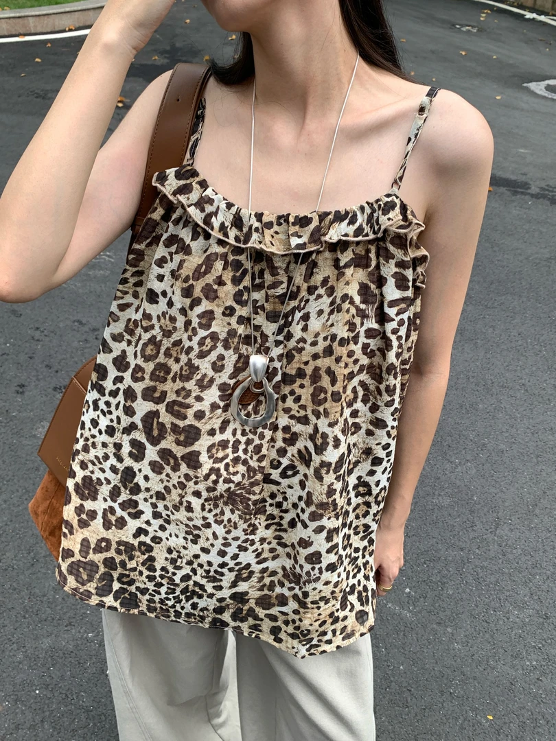 【花涧漫影】复古休闲设计感显瘦宽松豹纹吊带 P059