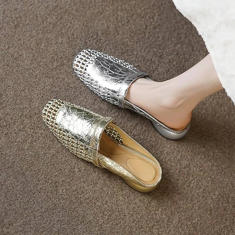 真皮断码清仓镂空包头半拖鞋女低跟2025夏季软粗跟凉拖法式仙女风