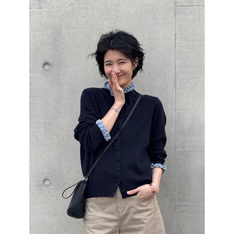 LANGQING 藏青色木耳边长袖时尚休闲羊毛衫43796#