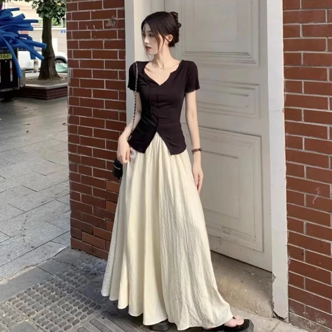 白色半身裙裤女夏季薄款松紧腰垂坠感高腰大摆裙A字长裙子春秋