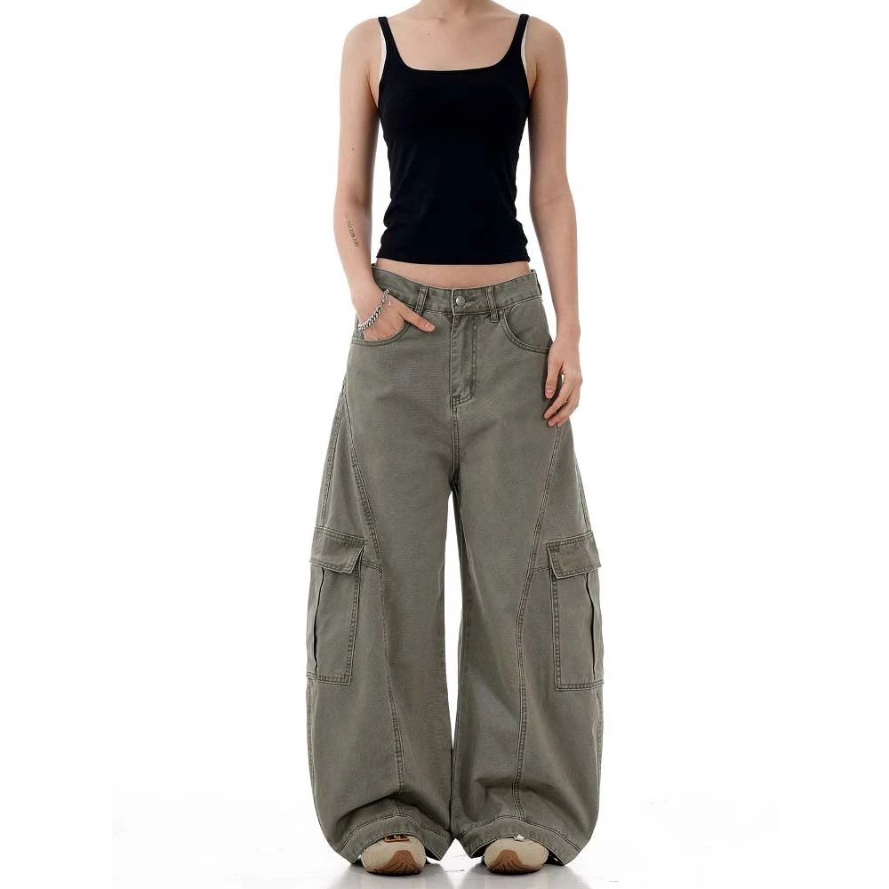 美式复古解构弯刀工装裤女夏季设计感多口袋休闲宽松直筒阔腿裤子
