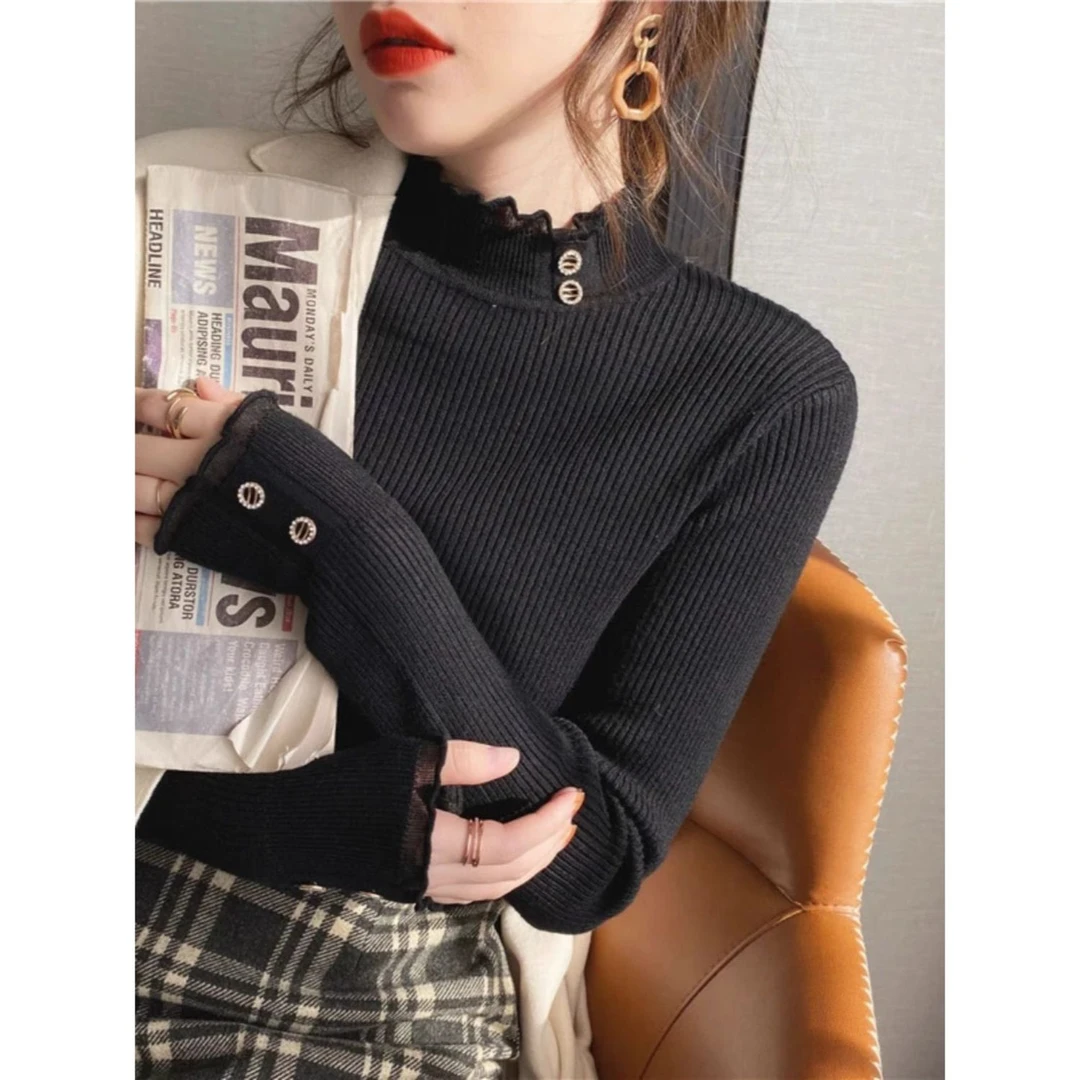 乐町【商超同款】白色针织打底衫女春秋冬时尚洋气内搭蕾丝半高领毛