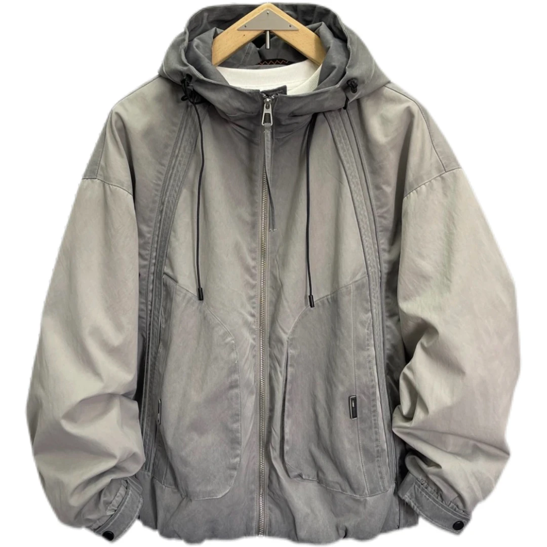 做旧立体拼接美式短宽户外连帽冲锋衣夹克2507