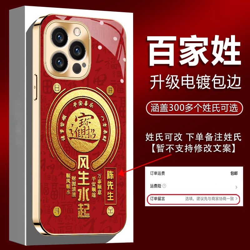 适用【苹果14ProMax】百家姓氏定制风生水起新年款全包防摔手机壳男