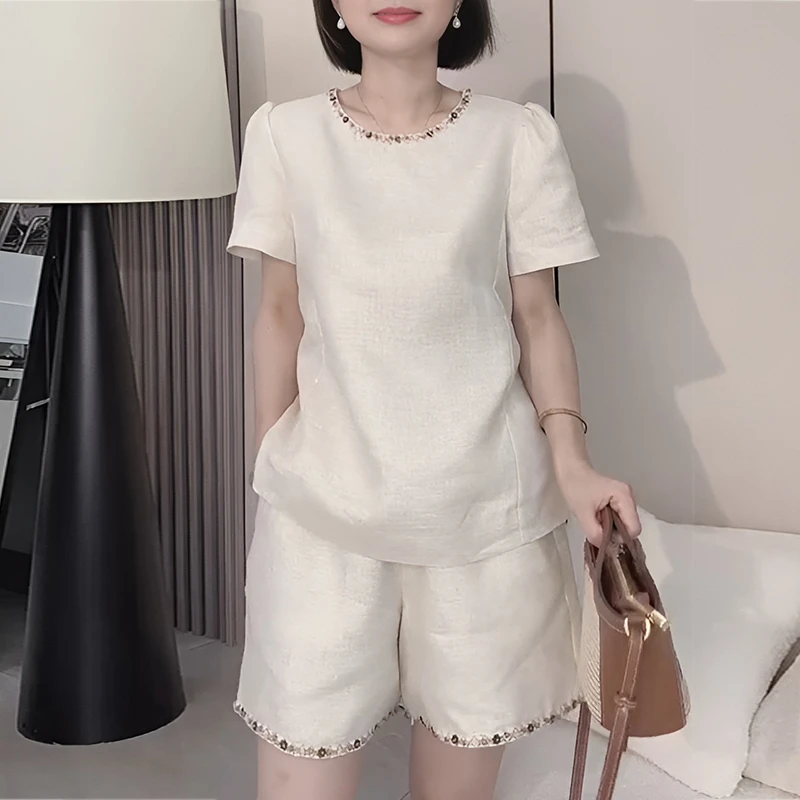 法式小香风气质两件套女2025新款夏季短袖上衣宽松短裤时尚套装女