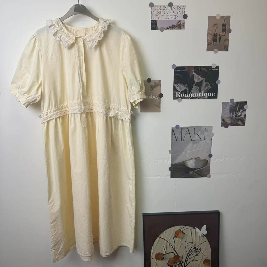 S8684 日系清新娃娃领镂空连衣裙挂脖式杏色翻领