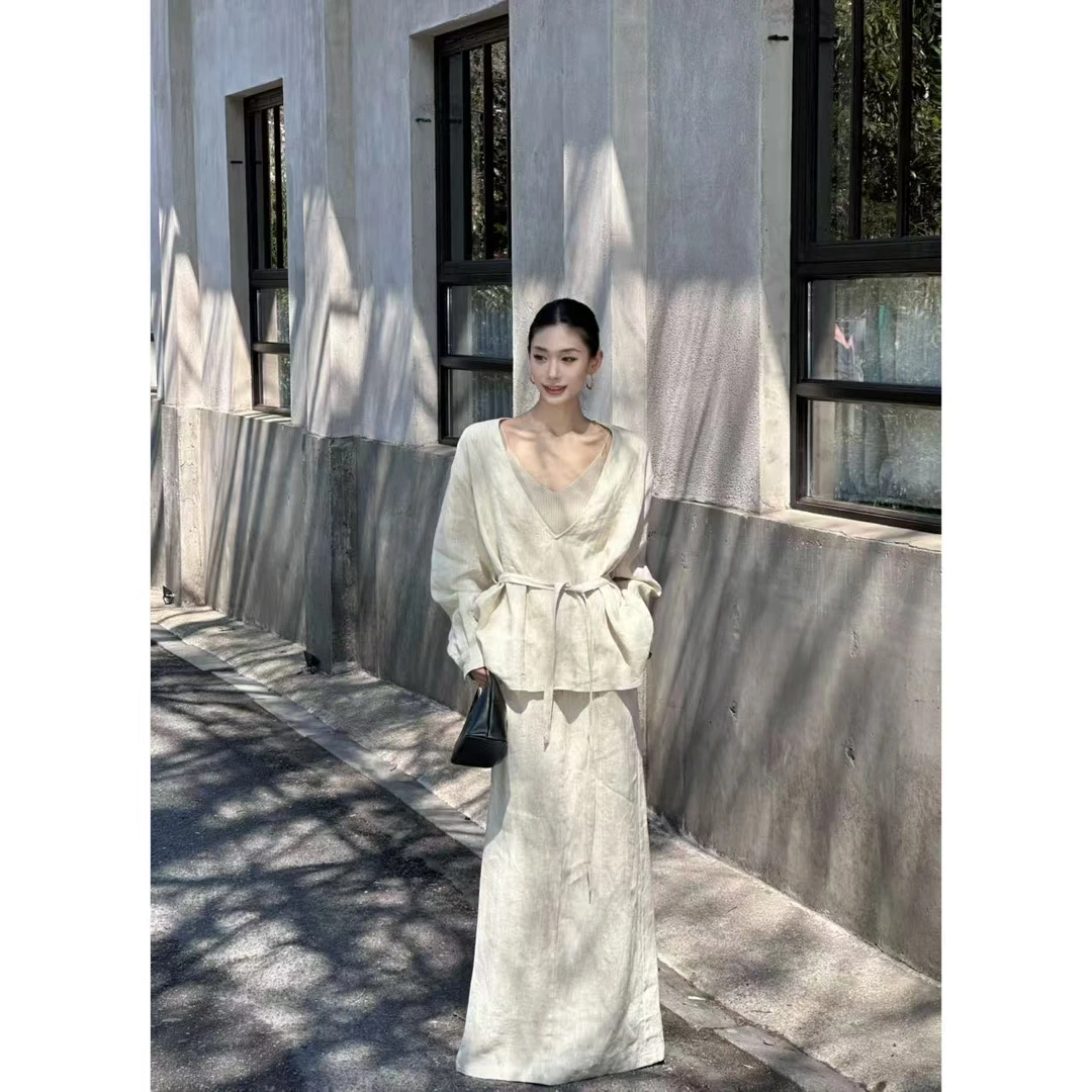 FIINAL《不凡》松弛感老钱极简亚麻小衫半裙套装