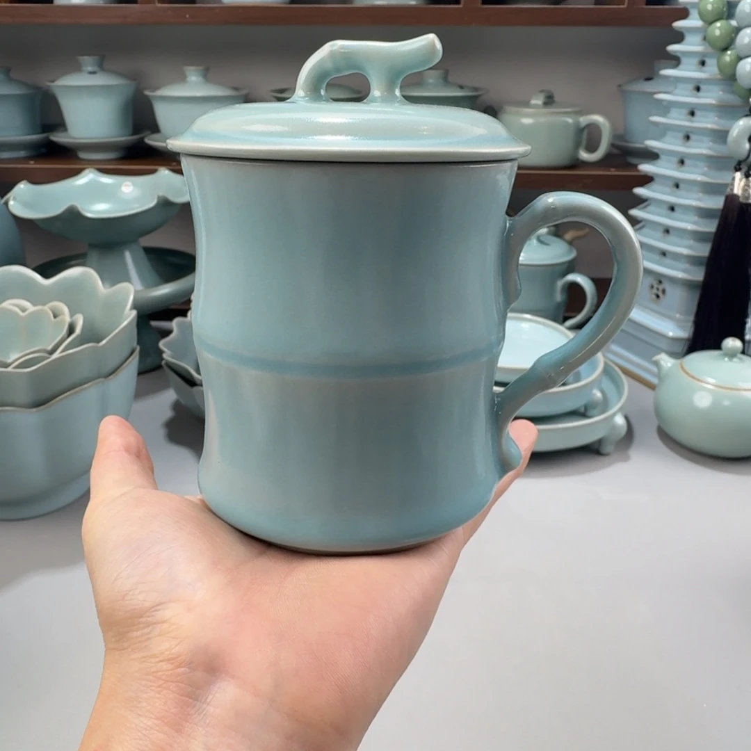 摆件瓷精品汝窑仿古釉竹节办公杯
