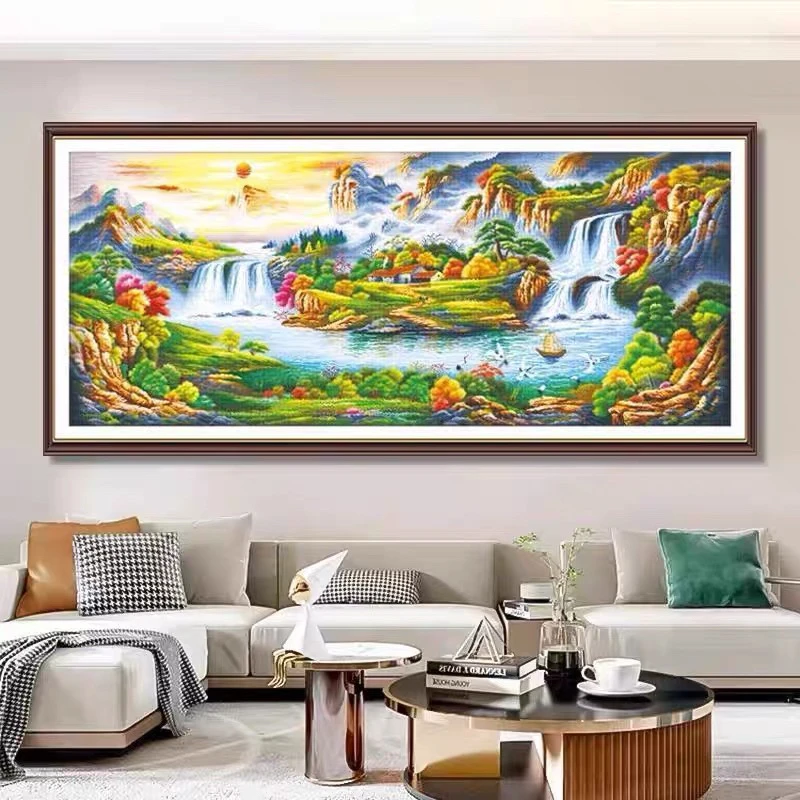 2.5米纯手工十字绣成品锦绣满堂春晖山水风景客厅装饰画250×110