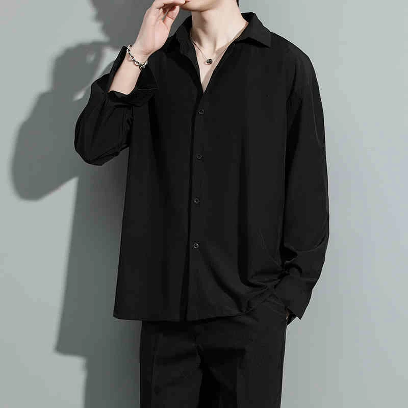 黑色长袖衬衫男夏季宽松高级垂感痞帅休闲男装冰丝短袖衬衣男外套