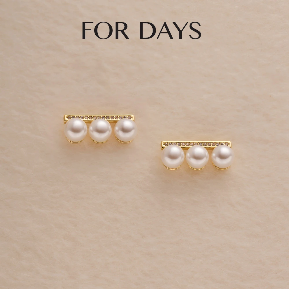 FOR DAYS 铜合金锆石耳饰 平衡自如|高级感锆石镀金正圆贝珠耳钉