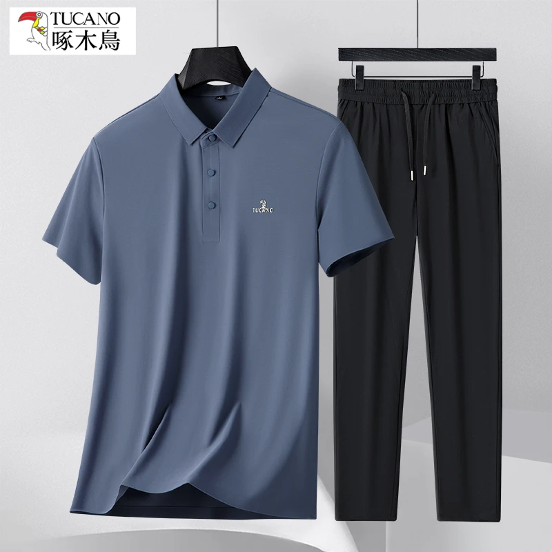 【冰丝套装】啄木鸟无痕男士短袖T恤夏季男休闲polo衫送爸爸的礼物