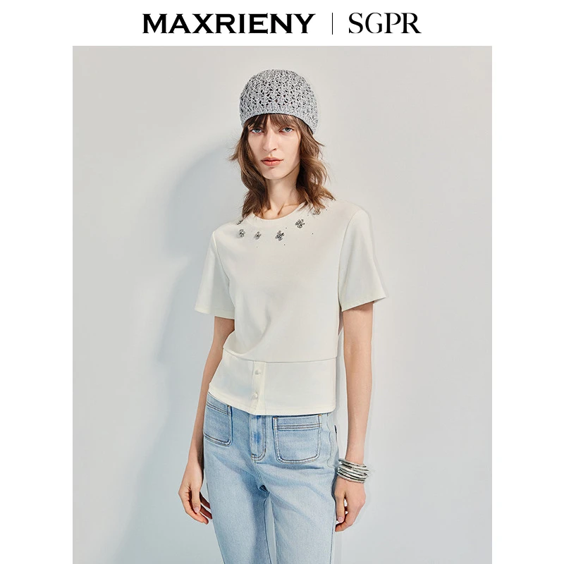 【商场同款】MAXRIENY精致日常钻饰下摆两穿短袖T恤25夏修身上衣