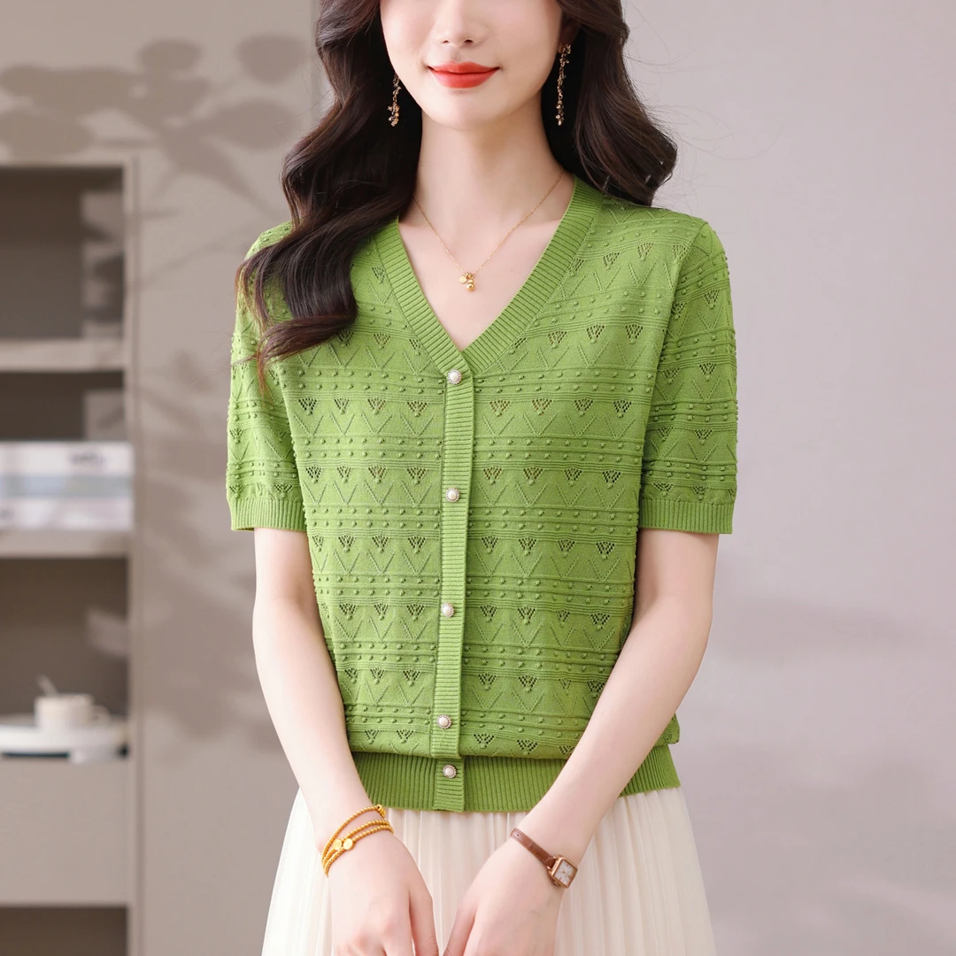 夏季v领短袖女士针织衫时尚洋气假开衫显瘦上衣短款薄款针织小衫