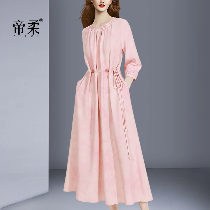 帝柔2025春夏新款高档绝美超好看粉色连衣裙系带大裙摆圆领裙子潮
