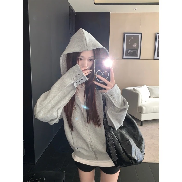 美式铆钉连帽长袖卫衣外套女秋季复古灰色宽松设计感慵懒开衫上衣