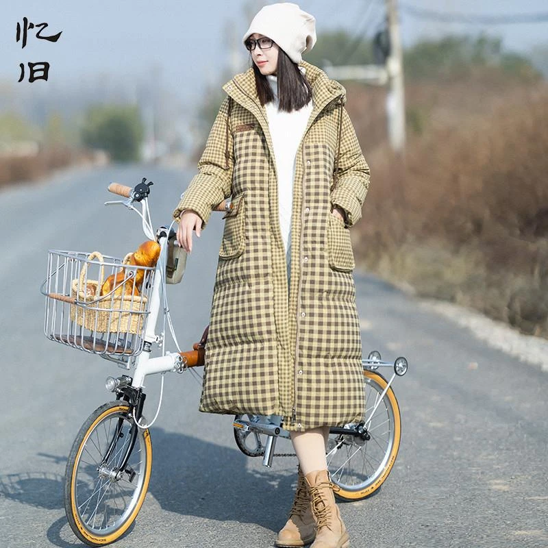 连帽加厚羽绒服女士冬季长款格子灯芯绒保暖防寒外套