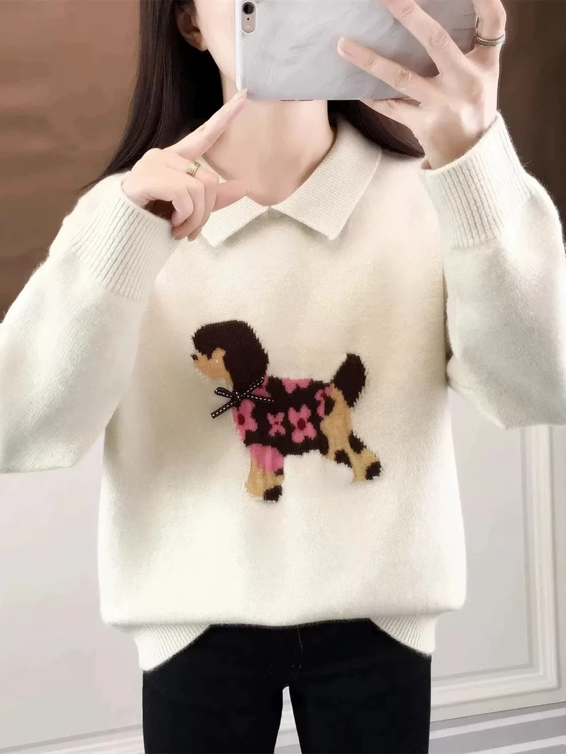 2258-1-CQ白色新款翻领小狗针织上衣（80-135）