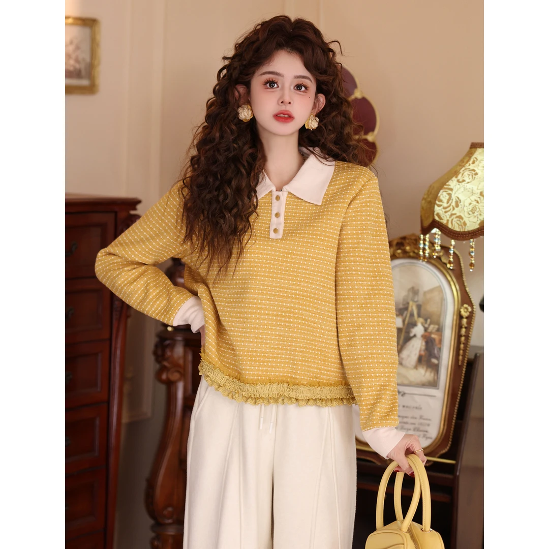 陈大器【麦田风语】港风复古polo领针织套头百搭打底上衣JH5749248