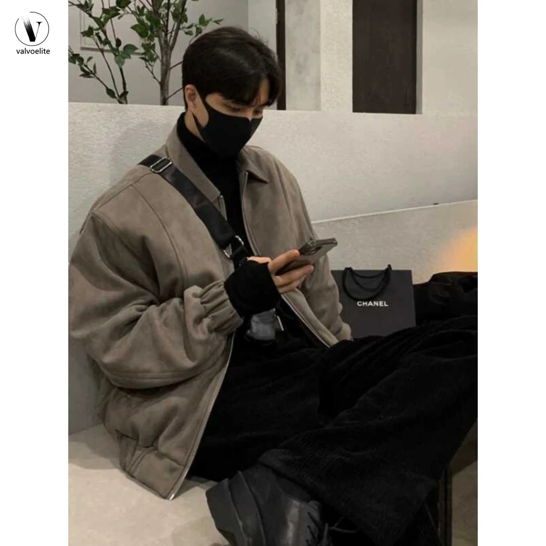 VALVOELITE冬季加厚外套男韩版宽松保暖夹克衫高级感翻领短款上衣