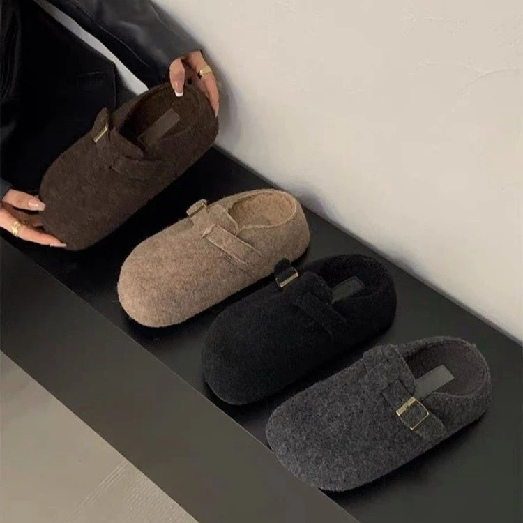 2024包头拖个性中跟日常加绒防滑软底情侣保暖厚底毛毛鞋秋冬季