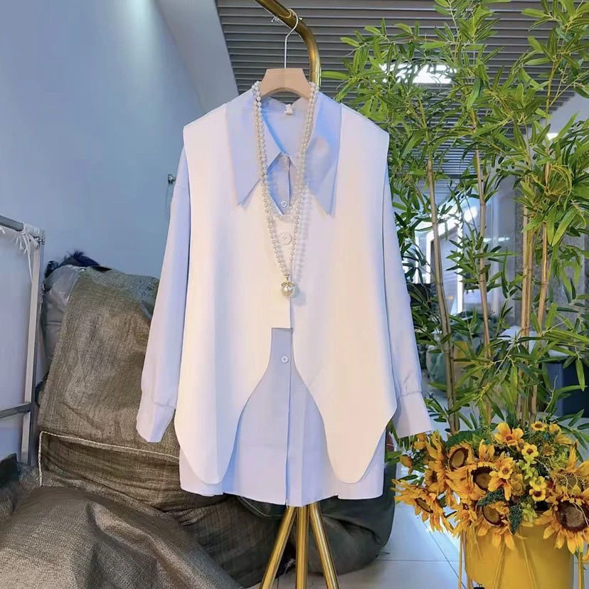 大码时尚轻奢新款长袖上衣显瘦马甲衬衫春季两件套