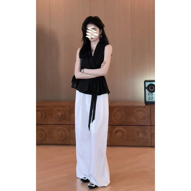 Marie·COCO高级感收腰绑带V领无袖上衣气质高腰显瘦阔腿长裤套装