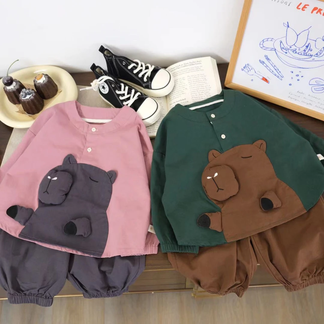 儿童春秋韩版卡通拼色小熊衬衫两件套H1500