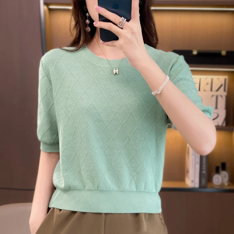 纯棉新疆棉 小短款圆领菱形格纯棉短袖女士百搭显瘦