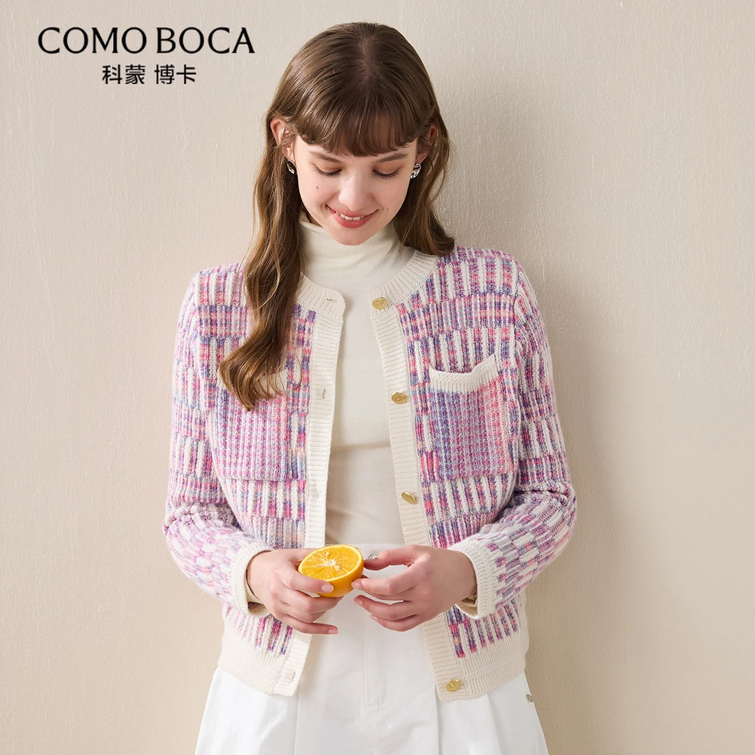 COMOBOCA/科蒙·博卡秋冬小香风圆领女撞色针织毛衣羊毛衫KSS7258