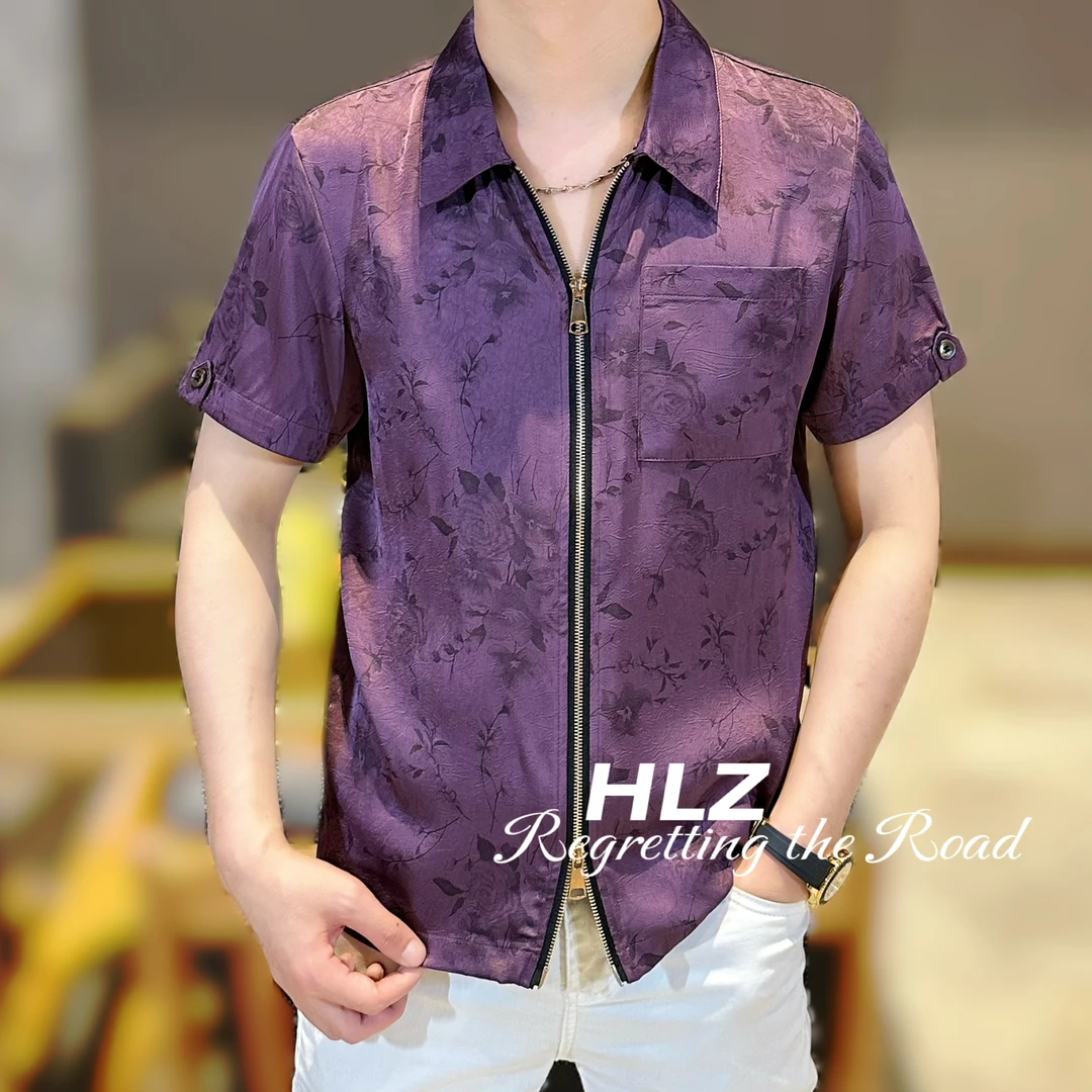 2025夏季新款修身男士休闲个性时尚花朵印花双拉链短袖衬衫衬衣