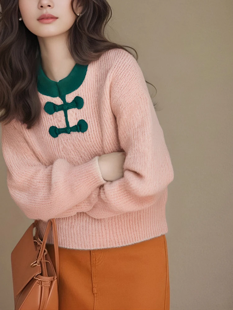 欧货重工费尔岛粉色国风盘扣针织衫毛衣女2025新款冬季慵懒高级感