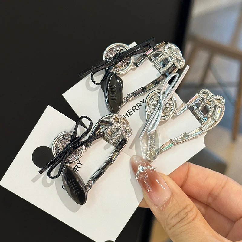 高级感水钻爱心蝴蝶结发夹女新款简约鸭嘴夹碎发夹侧边刘海夹压夹