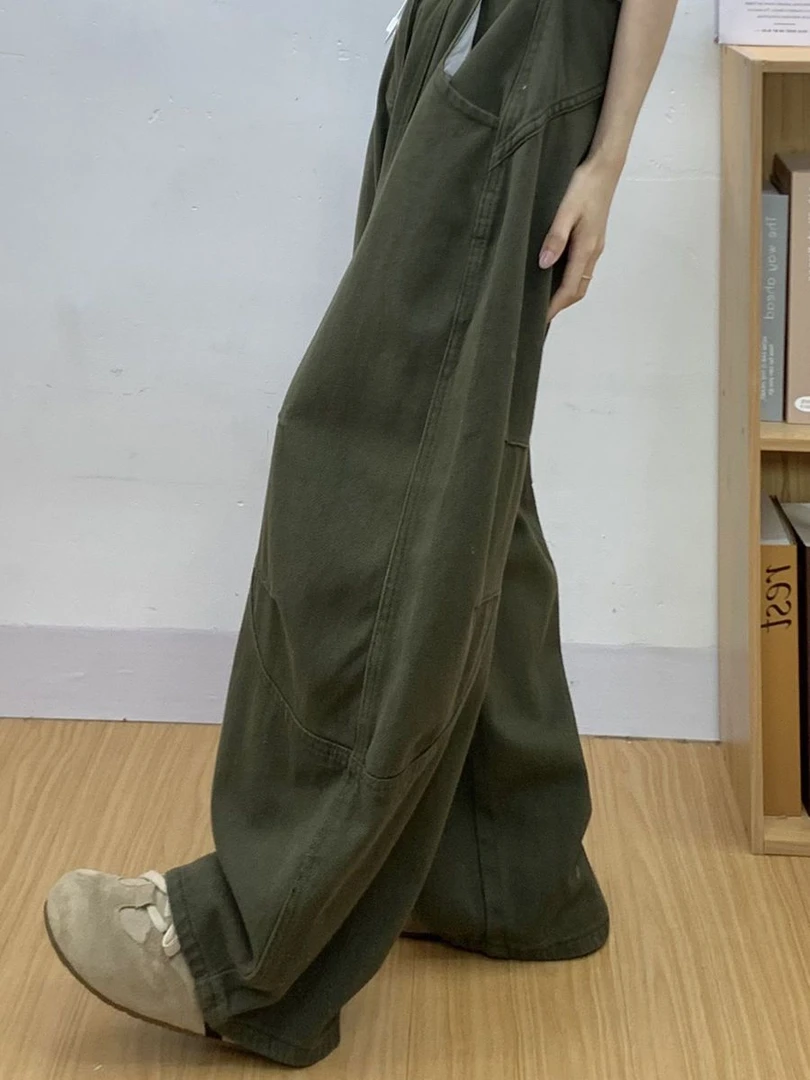 复古军绿色宽松工装牛仔裤女新款高腰显瘦休闲阔腿裤子牛仔裤女款