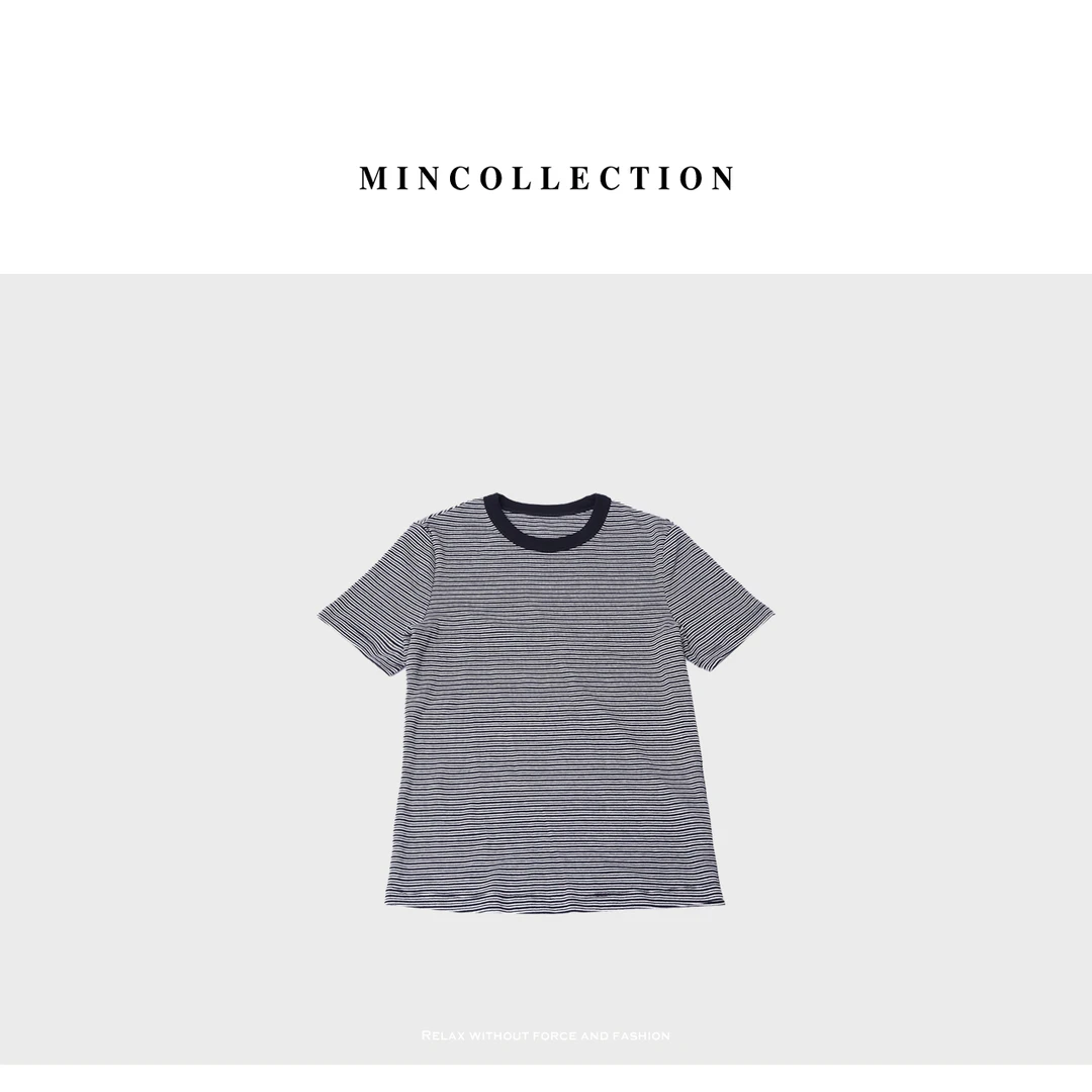 DE Mincollection细条纹T/经典条纹撞色高支棉正肩圆领短袖T恤