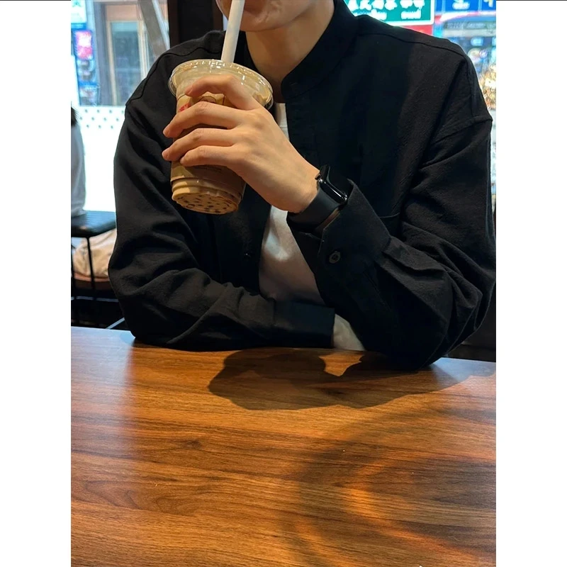 黑色新中式纯棉衬衫外套男春秋款高级感慵懒风穿搭情侣装长袖衬衣