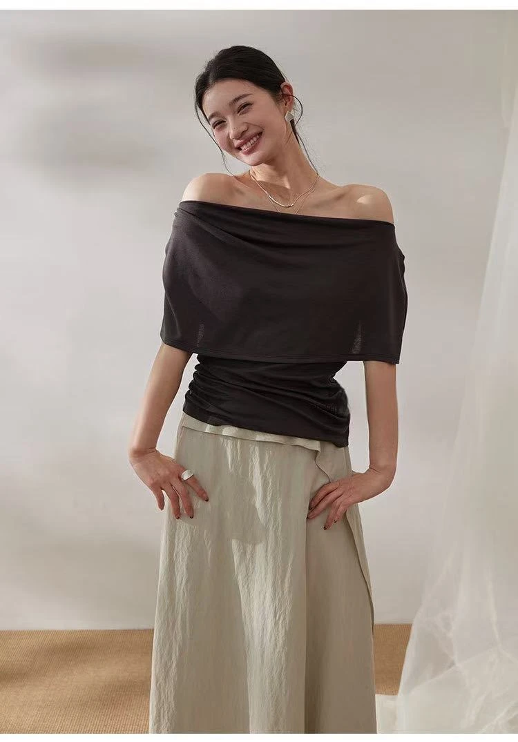 【LuoRiChu】极简暖色甜美连衣荡领针织设计感短袖T恤