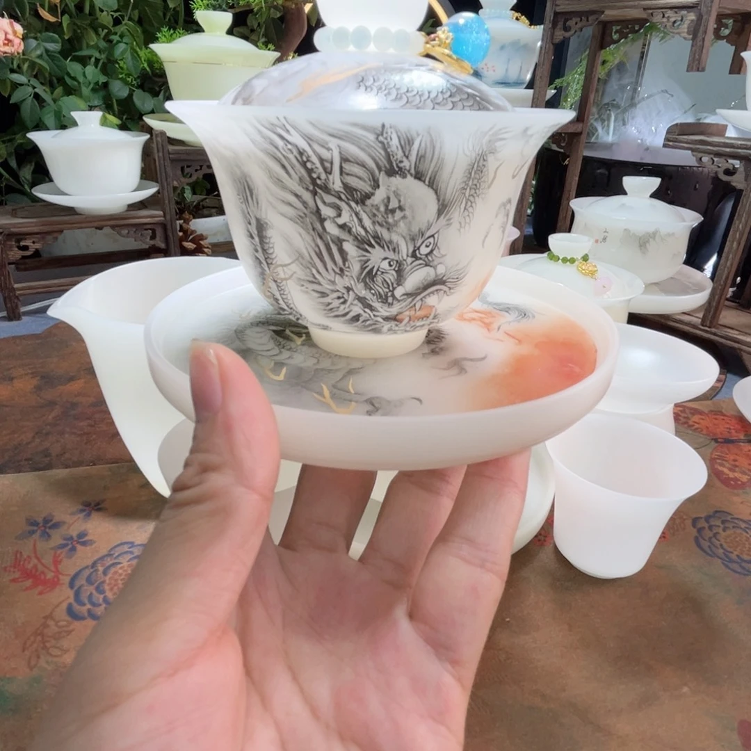 s***l冰晶璞玉素烧墨龙盖碗➕壶承➕主人杯